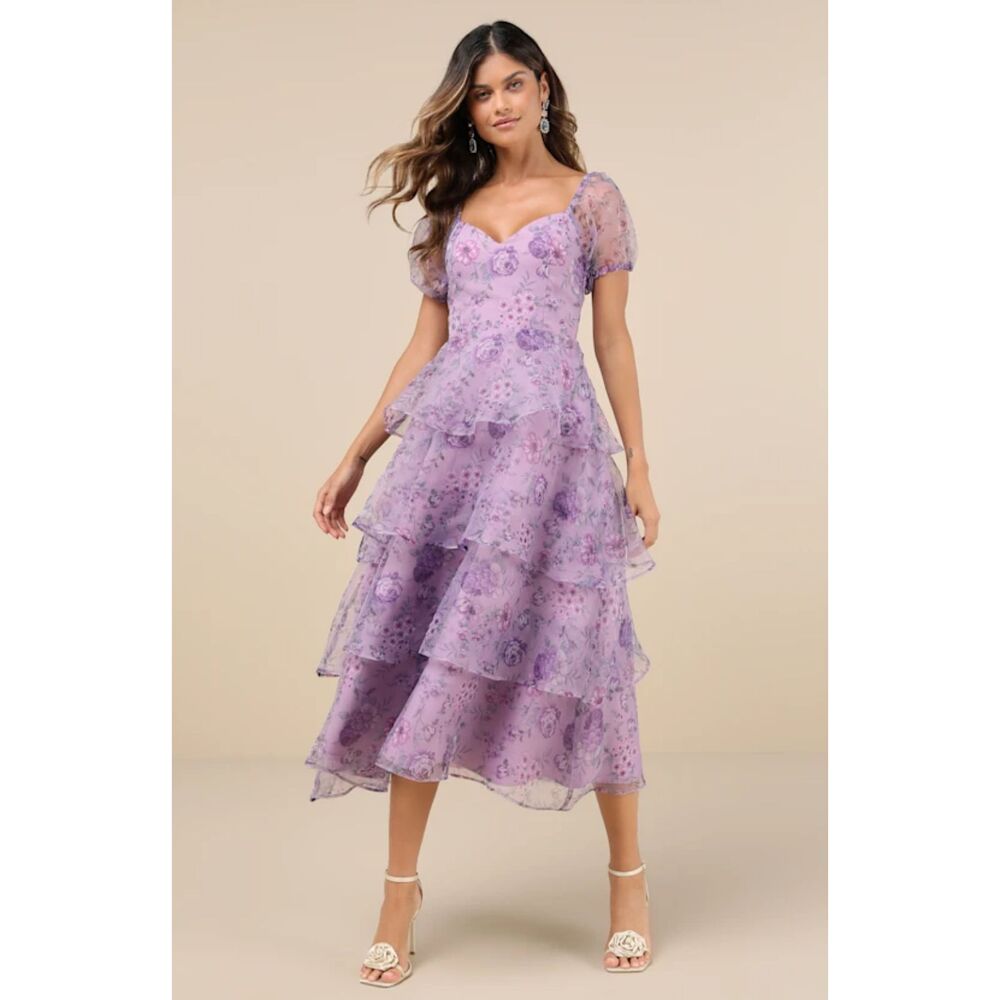Lulus Oh-So Stunning Purple Floral Organza Tiered Puff Sleeve Midi Dress L Fairy